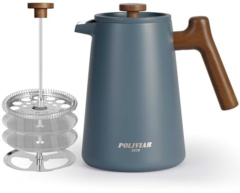 Poliviar French Press Kaffeebereiter 1 Liter/8 Tassen | Doppelwandige Isolierte Kaffeekanne und Teebereiter, Handfilter Kaffeepresse, Plunger & Griff aus Holz, JX2025-XFPU-DE