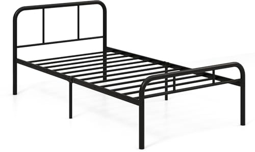 COSTWAY Metallbett Bettgestell für 90 x 200 cm Matratze, Einzelbett Metallplattformbett mit Kopf- und Fußteil, Plattformbett Schwerlast-Matratzenbasis & Lattenrost, Gästebett schwarz