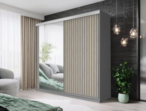 FHI_kingston Modern Mirrored Sliding Wardrobe with Shelves, Hanging Rails Bedroom Furniture available in White, Black Grey, Oak | Sizes: 150, 180, 203, 250cm (Grey, 203)