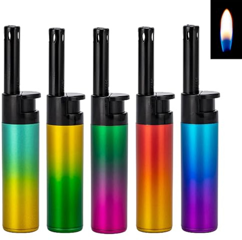 5X Zylinder Stabfeuerzeug 10,5cm Candle Light Kerzenanzünder Softflamme Gas Feuerzeug BBQ Anzünder wiederbefüllbar (Metallic Label Rainbow)