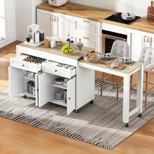 Isla de cocina con ruedas, extensible para comedor, isla de cocina con encimera y cajones, móvil independiente, ideal para cocina y comedor (blanco y natural)