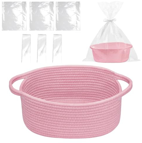 Geschenkkorb, Präsentkorb Leer, Ovaler Geflochtener Aufbewahrungskorb mit Geschenktüte und Bändern, Speicher körbe für Snacks, Spielzeug, Geschenken, Geburtstag, Erntedank, Weihnachten (Rosa)