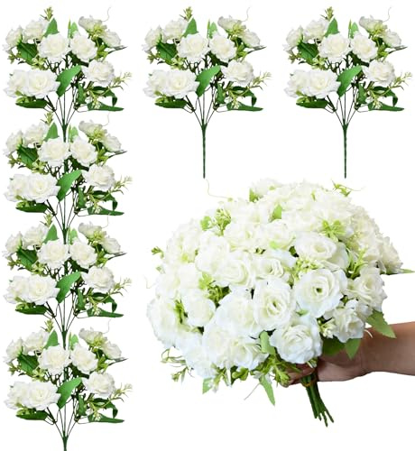 Rose Artificial Flowers Bouquet, 6 Packs Small Roses Flower, 10 Silk Rose Flowers Per Pack, Mini Fake Rose Flower Bunches, Miniature Roses for Decoration Home Wedding Table Centerpieces Decor, White