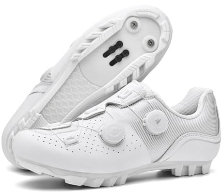 Hixingo Zapatilla de Ciclismo MTB Hombre Mujer Zapatos Bicicleta Montaña Exterior, Unisex Zapatillas de Ciclismo Respirables Adulto Compatibles SPD Lock System, 37-47 EU (Blanco,45)