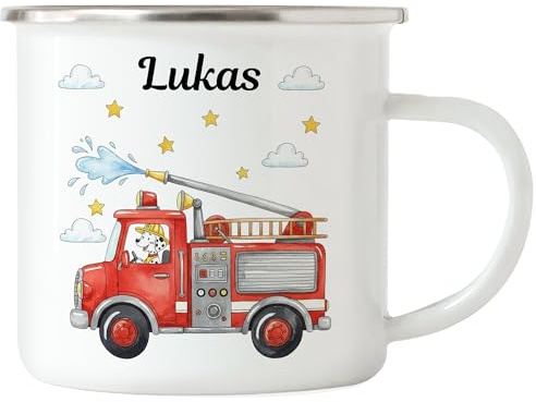Kiddle-Design Feuerwehr Tasse Kinder Personalisiert mit Name - Kinderbecher für Kindergarten, Kita - Kindertasse mit Feuerwehrauto und Feuerwehrmann als Trinkbecher, Zahnputzbecher - Tasse Schwarz