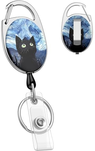 Uniclife Cute Retractable Keychain, Starry Sky Cat Retractable Badge Holders Key Ring Extendable Badge Clip for Keys and ID Card, Heavy Duty Badge Reel with Carabiner