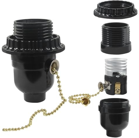 Aoserge 1 Pack E26 Threaded Lamp Socket Replacement with Pull Chain - Robust Aluminum Base Light Socket for Table Lamps, Floor Lamps & Fixtures, Includes Shade Ring for Quick Installation