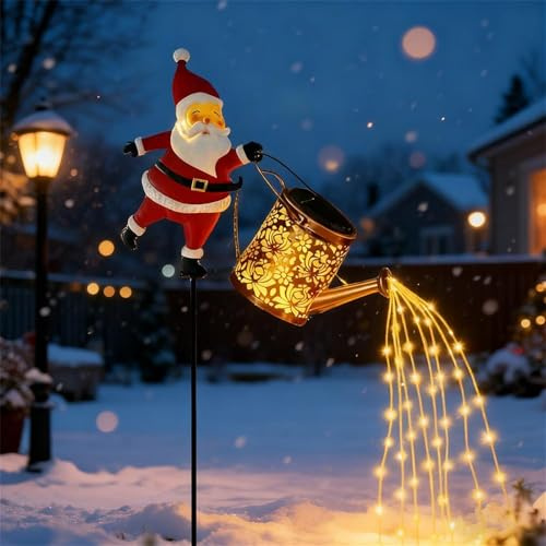 Lmyaicp Regadera Solar Navideña con Luces de Papá Noel, Regadera Colgante Metálica Impermeable con Luces LED de Hadas, Decoración para Jardín, Césped, Patio o Terraza (1PCS Warm colors)