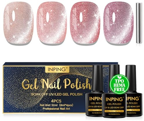 INPING Smalto Semipermanente Unghie Magnetico HEMA-FREE TPO-FREE, 4 Colori Nude Rosa Glitter Cristallo Smalti Semipermanenti per Unghie Soak-Off UV/LED per Principiante Nail Art Salone, 8 ML