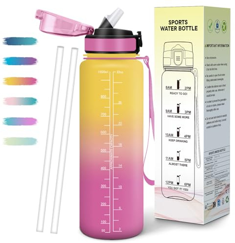 Mulbijeo Borraccia 1 Litro, Libre de BPA & Reutilizables, Borracce con Cannuccia, A Prova di Perdita, Borraccia Motivazionale, Portatile, Borracce Palestra per Scuola, Palestra, Ufficio, Festa