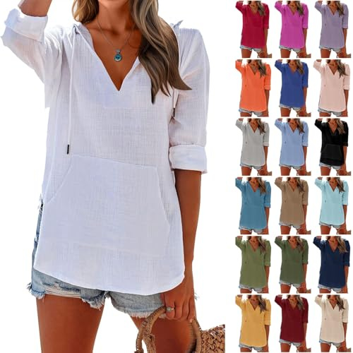 Generico Maglietta Donna Estiva Manica Lunghe Cotone e Lino, Magliette Scollo a V Elegante Tinta Unita con Tasca Casual Blusa Leggero Traspirante per Vacanze Tempo Libero Felpa Donna con Cappuccio
