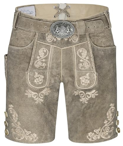 Schöneberger Trachten Couture Herren Lederhose kurz mit Trachtengürtel Österreich/Bayern, Trachtenhose für Oktoberfest, Nubuk-Leder