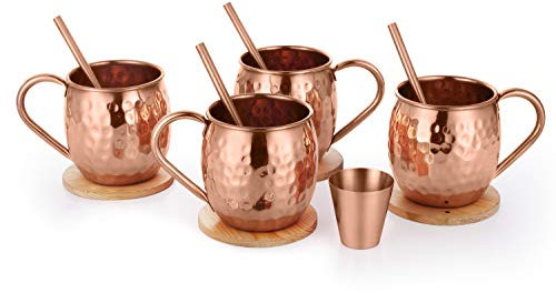 Avador® Set of 4 Handcrafted 100% Pure Copper Moscow Mule Mugs with Shot Glass, Straws and Wooden Coasters Hammered Finish 16 Oz. Elegant Modern Set for Special Occasions | Gifting | Wedding Favors