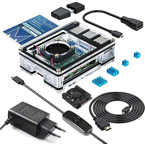 Miuzei Gehäuse für Raspberry Pi 4 mit Lüfter, 5.1V 3A 15.3W USB-C Netzteil,1.8M Micro-HDMI Kabel,Adapterkabel, 4 Aluminium Kühlkörper, USB Kartenleser Case für Raspberry Pi 4 Modell B Rasp Pi 8 4 2GB