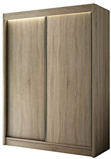 ALTDECOR Kleiderschrank mit furnierten Schiebetüren, kugelgelagerte Führungsschienen und Aluminium-Leisten, LED-Beleuchtung (weiß + 16 Farben) und Fernbedienung - BEROG - 150 cm Sonoma Eiche