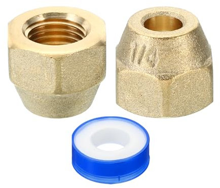 PATIKIL 1/4 SAE Dado a Compressione in Ottone, 2pz 45 Gradi Raccordo Tubo Svasato in Rame Tappo per Raccordo Tubo Ottone con Nastro Adesivo per Linea Gas Acqua Condizionatore Aria, Opaco