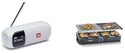 JBL Tuner 2 Radiorekorder in Weiß – Tragbarer Bluetooth Lautsprecher mit MP3 & Severin Raclette-Grill mit Naturgrillstein und Grillplatte