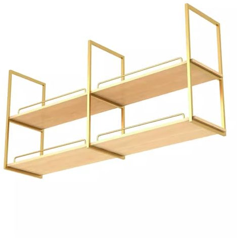 Deckenhängende Küchenbarregale, Pflanzen, Blumen, Dekoration, schwebendes Regal, hängendes Wandregal aus Holz und Metall, Präsentationsregal, Gold (Größe: 100 x 30 x 80 cm)