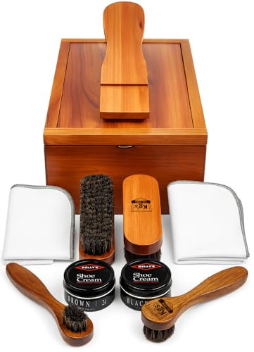 Kg's Deluxe Shoe Shine Kit – Professional Shoe Care Kit Includes Brown & Black Shoe Polish, Horsehair Shoe Shine Brush (2), Shoe Shine Cloth (2), Horsehair Polish Applicator (2), & Shoe Valet Box