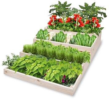 Home Hochbeet 4-stufiges 120x120x40 cm quadratisch Holz Garten Kräuterbeet Hochbeet für Garten Kräuterbeet Frühbeet Gartenbeet Pflanzenbeet Stufenbeet Blumentreppe Hochbeet für Garten -faltbar