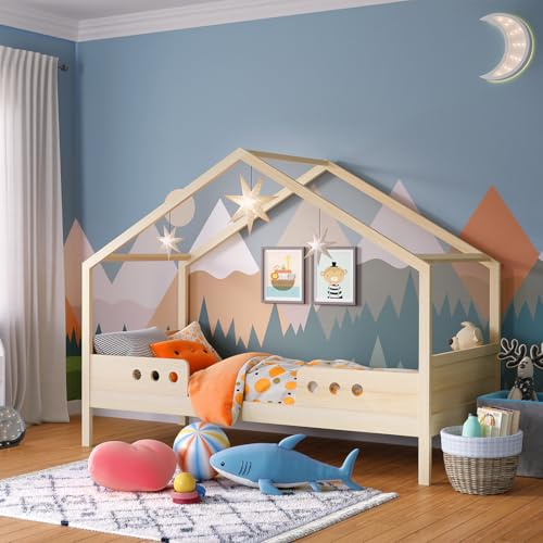 Bellabino Bela Kinderbett 90x200 cm – Hausbett mit Rausfallschutz und Lattenrost – Kinder Bett für Jungen und Mädchen aus Massivholz Kiefer – Montessori Kinderhausbett in Natur