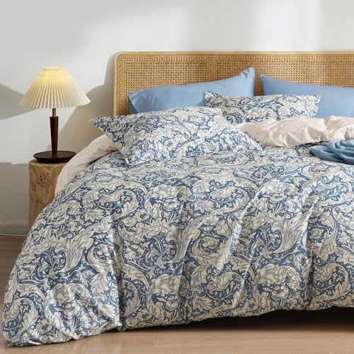 PHF Ultra Soft Floral Duvet Cover King Size, Revisible Boho Printed Vintage Bedding Set 3 Pieces, Comfy Durable Morris Garden Duvet Cover Set with 2 Pillow Shams, Zipper Closure and 8 Ties, 104x90