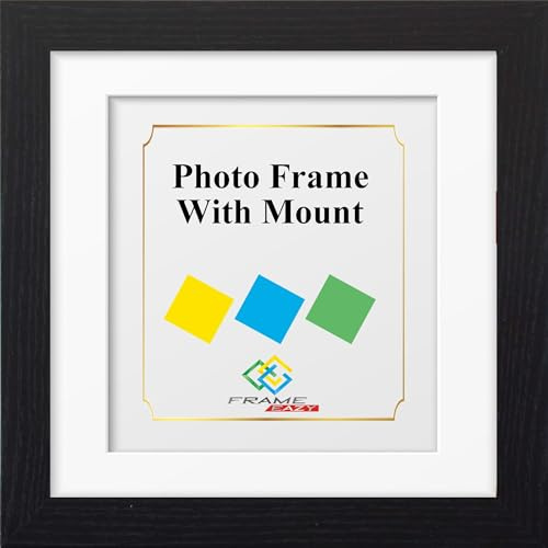 FRAME EAZY Square Black Photo Frame Picture Frame with White Mount - Comes With Safe Perspex Front & Wall Hanging Hooks - Square Frame 18x18 Pic Size 16x16 Mount