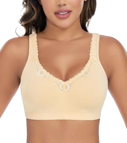 DotVol Women's Lace Cotton Comfort Plus Size Full Cup Minimizer Non Foam Wireless Bra(Nude,38DD)