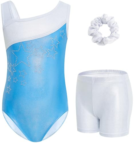 Gogokids Gymnastiktrikå för flickor, sluttande axlar, barn, dans, unitard, biketard med shorts för 3-12 år, Blå stjärna, 9-10 år