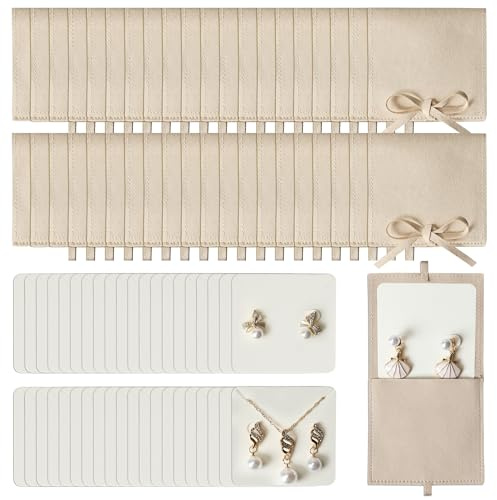 80Pcs in 40 Set Microfiber Jewelry Pouch 8x8 cm 40pcs Jewelry Packaging Bag and 40pcs Luxury Small Jewelry Gift Cards Package Bow Tie with Divider Microfiber Bag for Bracelet Necklace Packaging Beige