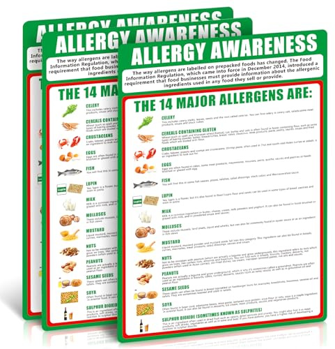 Cartel de concientización sobre alergias alimentarias, 3 unidades, 297 x 210 mm, autoadhesivo, aceite e impermeable, 14 alérgenos regulados, póster de información esencial sobre alérgenos para