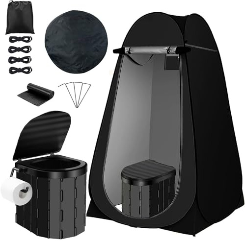 Toalettset för utomhusbruk för camping, bärbart toalettset för vuxna med popup-insynsskydd, ergonomisk hopfällbar toalett, tvättbar och vikbar, med 12 toalettpåsar för resor, husbil och