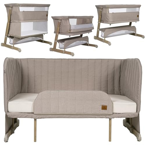 Olmitos – Cuna Bebe multifunción Colecho 4 en 1 Cama Infantil SOMNI evolutiva – Minicuna Convertible y Parque de Juegos 2 Niveles – Sofa Infantil Colchón viscoelástico 15cm con Barrera (Beige)
