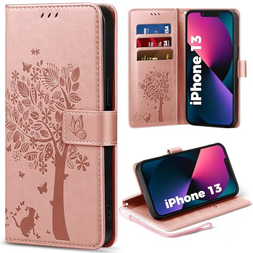 EASDNB Handyhülle für iPhone 13 Hülle Lederhülle Flip Wallet Case | 3 Kartenfächer, Magnet, Ständer, Premium Leder Prägung, Magnetic Closure, RFID Blockierung Klapphülle, Rosa