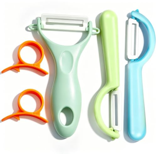 QEAS Set di 5 pelapatate in ceramica, per bambini, a forma di Y, ergonomico, per frutta, verdura, patate, in cucina e in viaggio, colore: verde e blu