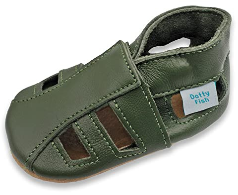 Dotty Fish Sandali in Pelle Barefoot, Suola Morbida - Kaki 12-18 mesi