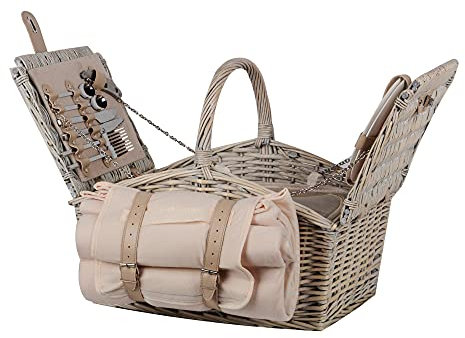 UNUS Picknick Set 2 Personen mit Picknickkorb mit integrierter Kühltasche, Picknickdecke 135x115 cm, Besteck und Geschirr, Korb in Grau, Decke in Beige