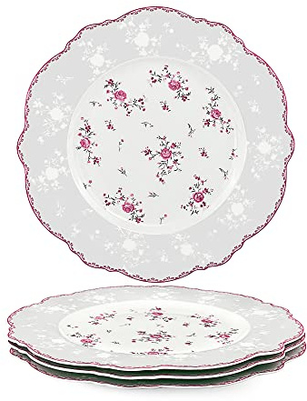 fanquare 27.5cm Assiettes Plates en Porcelaine, Grand Assiette Blanche Rose, Vintage Service de Table pour 4 Personnes