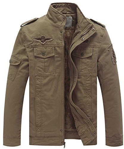 WenVen Men's M65 Field Jacket Winter Puffer Coat Cotton Windbreaker Fleece Casual Cotton Military Jacket (Khaki,XL)
