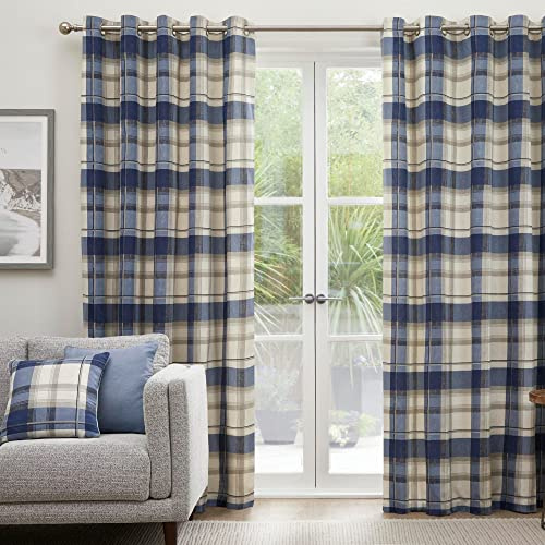 Fusion - Blue Tartan Curtains W90 x L90 (229 x 229cm) - 100% Cotton - 2x Panels - Sapphire Blue Checkered Curtains - Blue Eyelet Curtains in Plaid Pattern - Dark Blue Curtains for Living Room/Bedroom