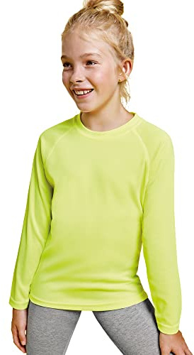 Fluor Colored T-shirt Långärmad för flickor och pojkar - Bekväm sportig T-shirt, mjuk, slät och elegant, Gul, 12 år