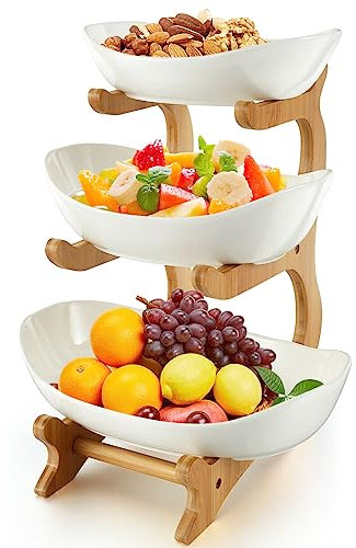 3 Tier Ceramic Fruit Bowl with Stand for Kitchen Counter Large Capacity Fruit Ceramic Basket Decorative Fruit Tray Holder Multifunctional Fruit Serving Bowl Set for Fruit Vegetable Dessert.