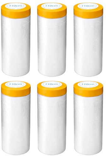 QWORK® 6 Rollo Plastico Cubretodo, Plasticos para Cubrir Muebles con Cinta de Pintor, Película Protección para Pintura Automotriz y Muebles, 110 cm x 20 M