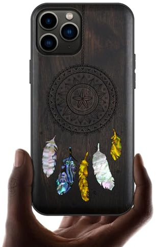 Carveit Étui pour iPhone 11 Pro Max Coque [Gravure en Bois et Incrustation de Coquille] Cover Compatible avec Apple 11 Pro Max Etui Bois Luxe et Case (Bois Sombre-L'étreinte de Dreamcatcher)