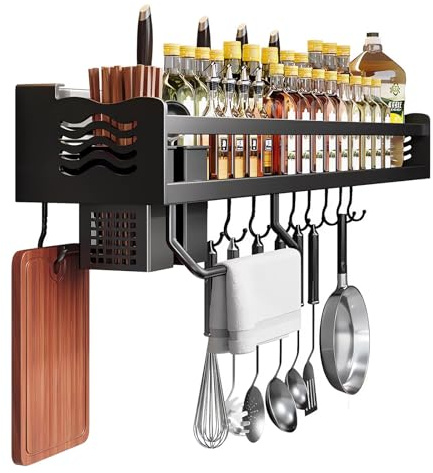 lesulety Gewürzregal Wand Ohne Bohren Hängend Schwarz Zum Kleben Gewürz Organizer Regal Gewürzregal Mit Haken, Messerschlitz Und Papierrollenhalter (Schwarz, 40CM)