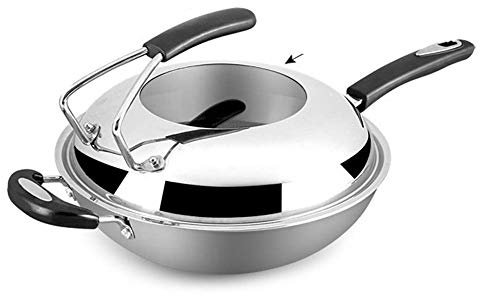Olla para cocinar, sartén Wok con Tapa Premium y espátula Adicional, sartén Acero Inoxidable 13 Pulgadas con Mango ergonómico y Superficie Antiadherente Resistente a rayones, sartenes