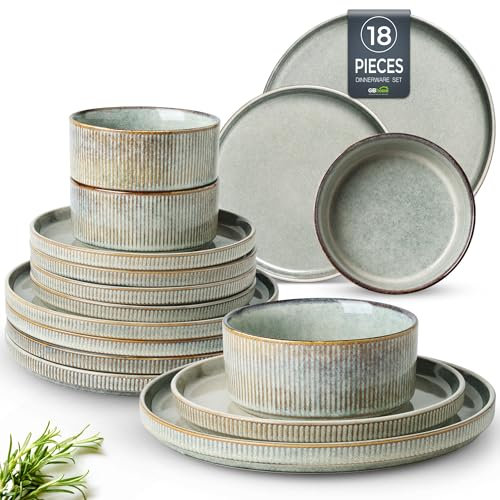 GBhome Steingut Geschirrset 6 Personen, 18-tlg Reaktive Glasur Handarbeit Steingut Geschirr Set, Mikrowellen- & Spülmaschinenfest Schüssel- und Teller Set,Desret Salbei