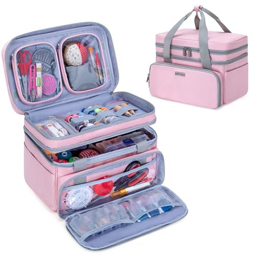 BAFASO Double Layer Sewing Accessories Organizer with 2 Detachable Pouches, Large Sewing Storage Bag for Sewing Tools, Pink