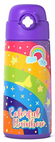 Ntswasd Termosflaska för barn, rostfritt stål, sugrör, termos 500 ml, -BPA, fritt läckagesäker, termovattenflaska för skola, dagis (regnbågslila)
