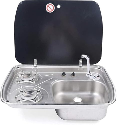 Fornello da campeggio a gas a 2 fuochi RV piano cottura con lavello in acciaio inox combinato e copertura in vetro per uso esterno